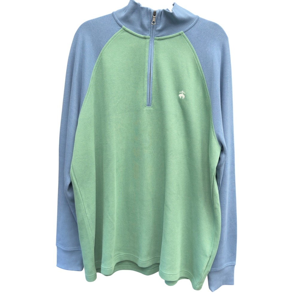 Brooks Brothers Mens XXL Quarter Zip Pullover Green Blue Colorblock Cotton Top